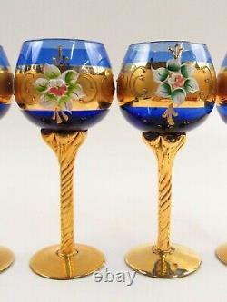 Venetian Murano Glass Wines Cobalt Blue with Heavy Gold Stems Set of 4 I002