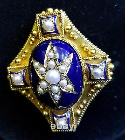 Victorian 18 Karat yellow Gold Cobalt Blue Enamel Pearl Mourning Brooch Jewelry