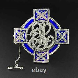 Victorian Cobalt Blue Guilloche Enamel 14K White Gold Over Brooch Pin Classic