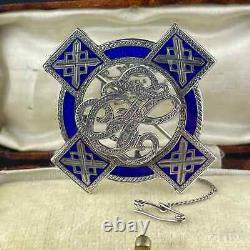 Victorian Cobalt Blue Guilloche Enamel 14K White Gold Over Brooch Pin Classic