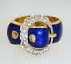 Vintage 18k Yellow Gold Cobalt Blue Enamel Diamond Belt Buckle Ring Size 5