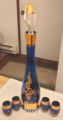 Vintage Antique bohemian Cobalt Blue 24k Gold Enamel Glass Tall Decanter Cups