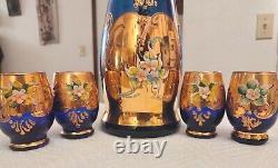 Vintage Antique bohemian Cobalt Blue 24k Gold Enamel Glass Tall Decanter Cups