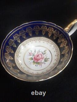 Vintage Aynsley Cobalt Blue And Gold Pink Cabbage Rose Teacup And Saucer