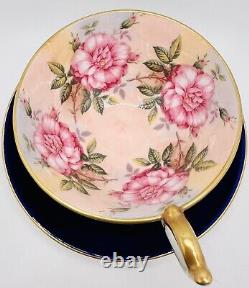 Vintage Aynsley Cobalt Blue Cup & Saucer 4 Large Pink Cabbage Roses Teacup