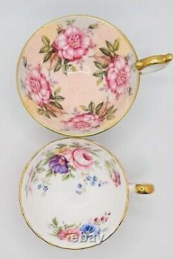 Vintage Aynsley Cobalt Blue Cup & Saucer 4 Large Pink Cabbage Roses Teacup