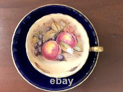 Vintage Aynsley Cup & Saucer Signed D Jones Orchard Fruit Cobalt Blue Gold Trim