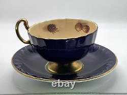 Vintage Aynsley Cup & Saucer Signed D Jones Orchard Fruit Cobalt Blue Gold Trim