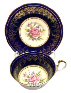 Vintage Aynsley Tea Cup & Saucer Cobalt Blue, Gold Scrollwork Pink Tea Rose 1940