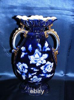 Vintage Cobalt Blue 15 Vase Gold Overlay Double Handled Made in England Elite