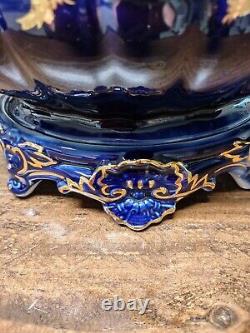 Vintage Cobalt Blue And Gold Footed Arpo Romanian Porcelain Fruit Bowl
