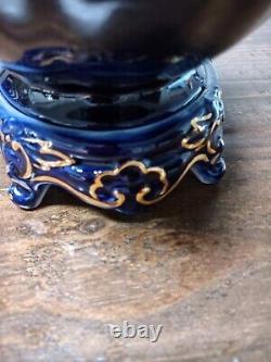 Vintage Cobalt Blue And Gold Footed Arpo Romanian Porcelain Fruit Bowl