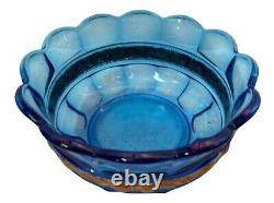 Vintage Cobalt Blue Crystal Center Piece Bowl Golden Flower Details