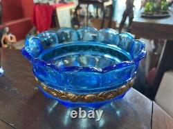 Vintage Cobalt Blue Crystal Center Piece Bowl Golden Flower Details