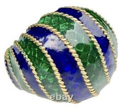 Vintage Cobalt Blue Green Enamel 18K Yellow Gold Domed 1960 Vintage Retro Ring 6