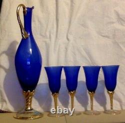 Vintage Cobolt Blue Glass & Gold. Set. Tall Pitcher & 4 Goblets. Alrose. Italy