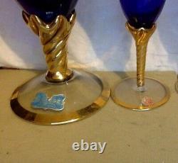 Vintage Cobolt Blue Glass & Gold. Set. Tall Pitcher & 4 Goblets. Alrose. Italy