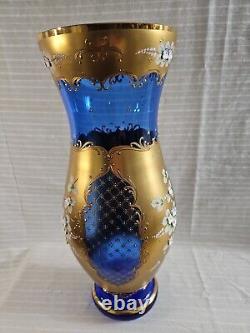 Vintage Czech Bohemian Cobalt Blue Gold Overlay Applied Enamel Flowers Appraised