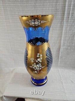 Vintage Czech Bohemian Cobalt Blue Gold Overlay Applied Enamel Flowers Appraised
