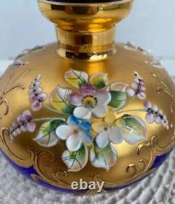 Vintage Czech Bohemian Perfume Bottle Cobalt Blue Glass Enameled and Gold Plated