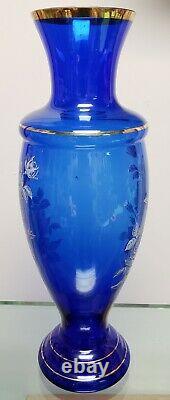 Vintage Fenton Gilded Cobalt Glass Mary Gregory Style Roses Motif Baluster Vase