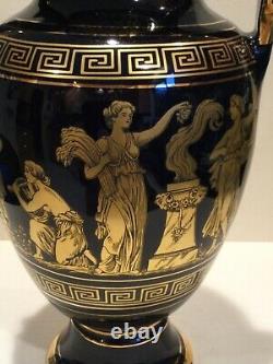Vintage Greek Cobalt Blue Gold Hand Painted Amphora Style Porcelain Vase, marked