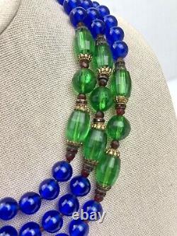 Vintage HATTIE CARNEGIE Cobalt Blue Green Beaded Gold Tone Necklace #VT