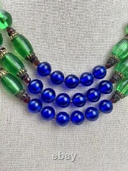 Vintage HATTIE CARNEGIE Cobalt Blue Green Beaded Gold Tone Necklace #VT