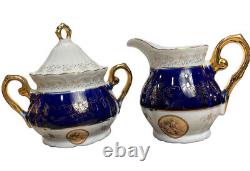 Vintage Italian Design Tea Pot Creamer & Sugar Set Cobalt Blue White Gold Rare