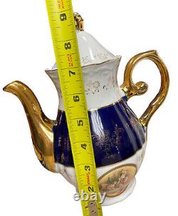 Vintage Italian Design Tea Pot Creamer & Sugar Set Cobalt Blue White Gold Rare