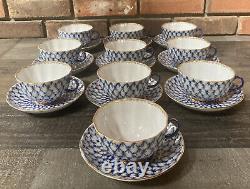 Vintage LOMONOSOV Set Of 10 Porcelain Cobalt Gold Net TEA Cup Sauser Russian