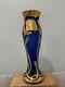 Vintage Likely Bohemian Cobalt Blue Glass Vase With Gold Flowers Decoration