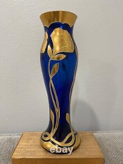 Vintage Likely Bohemian Cobalt Blue Glass Vase with Gold Flowers Decoration