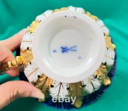 Vintage Meissen Cobalt Blue Acanthus Leave Mocha Cup with Saucer & Dessert Plate