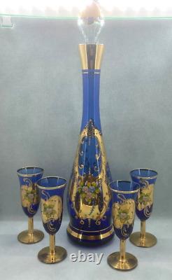 Vintage Murano Cobalt Blue Gold Decanter & 4 Cordial Glasses, VGC, Italy, 16.5H