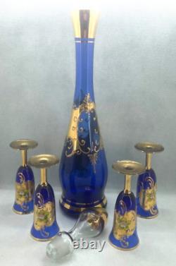 Vintage Murano Cobalt Blue Gold Decanter & 4 Cordial Glasses, VGC, Italy, 16.5H