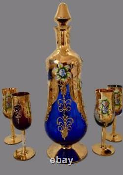 Vintage Murano Gold Cobalt Venetian Glass Enameled Liquor Set 10 Glasses