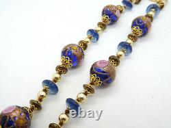 Vintage Murano Venetian Cobalt Blue Glass Wedding Cake Bead Gold Pink Necklace