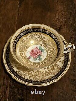 Vintage Paragon Cobalt navy Blue Gold Gilt Cabbage Rose Teacup and Saucer