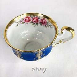 Vintage Paragon Tea Cup & Saucer Cobalt Blue Cabbage Rose Gold Signed R Johnson