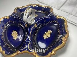 Vintage REICHENBACH Echt Kobalt Cobalt Blue 3 Section Dish Gold Flowers Germany