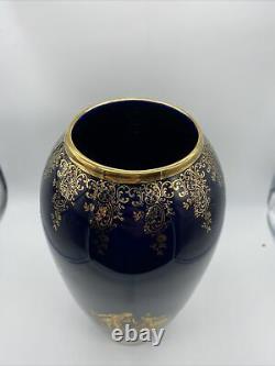 Vintage Vase Limoges Porcelain Cobalt Blue 24K Gold Trim Lovers in The Center