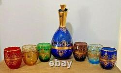 Vintage Venetian Glass Decanter with 6 Glasses Cobalt Blue with 22K Gold Trim