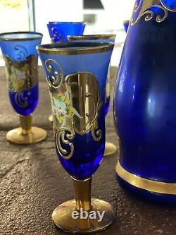 Vintage Venetian Murano Cobalt Blue With 24k Gold Decanter And Glasses
