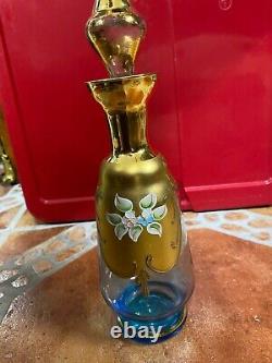Vintage Venetian Murano Italy Glass 24kt gold Painted Cobalt Agua Blue 7 Piece