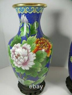 Vtg 1950's Cobalt Blue Gold Accented Floral Bird Cloisonne Enamel Set of Vases