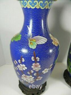 Vtg 1950's Cobalt Blue Gold Accented Floral Bird Cloisonne Enamel Set of Vases