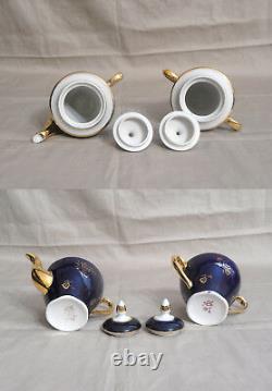 Vtg PORCELAIN COBALT BLUE & GOLD TEA SET 6 Cups & Saucers, Creamer & Sugar Bowl
