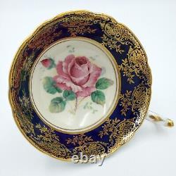 Vtg Paragon Teacup Saucer Cobalt Blue Pink Cabbage Rose Gold Gilt England Gilded