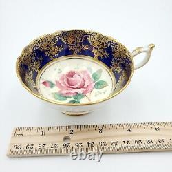 Vtg Paragon Teacup Saucer Cobalt Blue Pink Cabbage Rose Gold Gilt England Gilded
